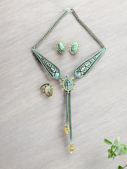 Divine Grace Oxidized Temple Pendant Set with Ring