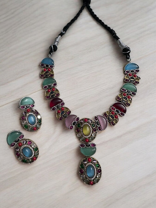 Vintage Style Multicolored Gemstone Necklace Set, Traditional Jewellery with Matching Earrings