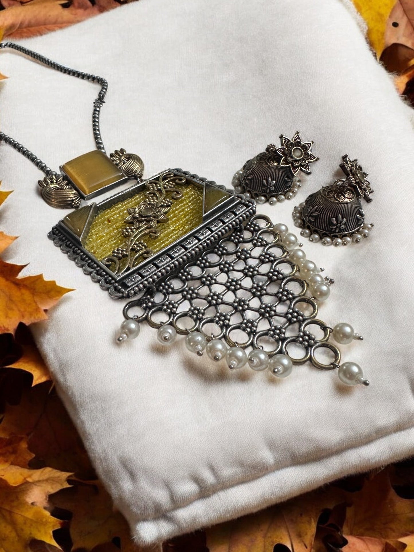 Vintage Style Oxidized Necklace and Earring Set with Yellow Stones, Pearl Clusters, Peacock Design