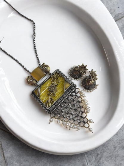 Vintage Style Oxidized Necklace and Earring Set with Yellow Stones, Pearl Clusters, Peacock Design