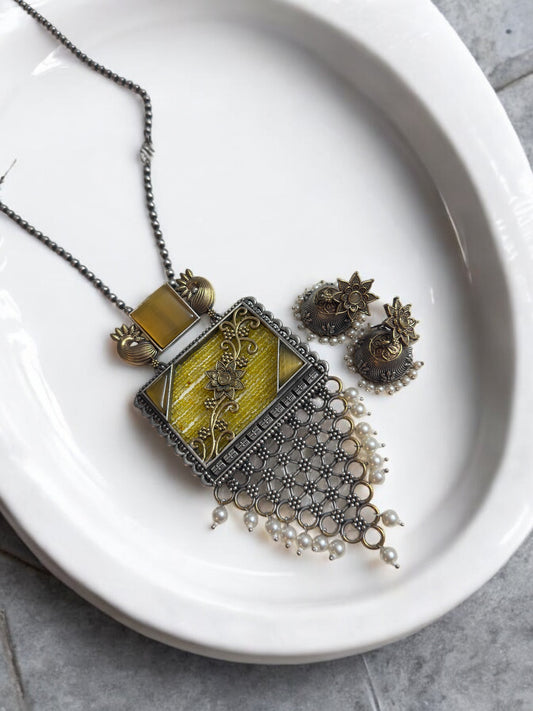 Vintage Style Oxidized Necklace and Earring Set with Yellow Stones, Pearl Clusters, Peacock Design