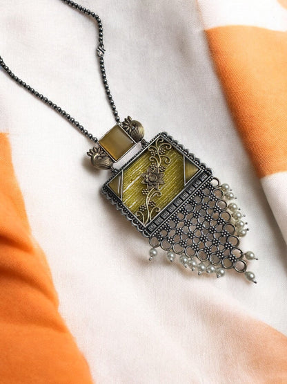 Vintage Style Oxidized Necklace and Earring Set with Yellow Stones, Pearl Clusters, Peacock Design