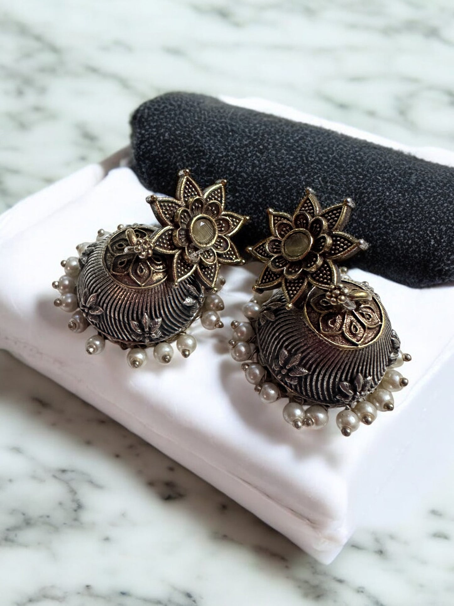 Vintage Style Oxidized Necklace and Earring Set with Yellow Stones, Pearl Clusters, Peacock Design