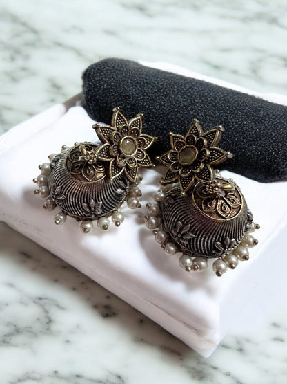 Vintage Style Oxidized Necklace and Earring Set with Yellow Stones, Pearl Clusters, Peacock Design