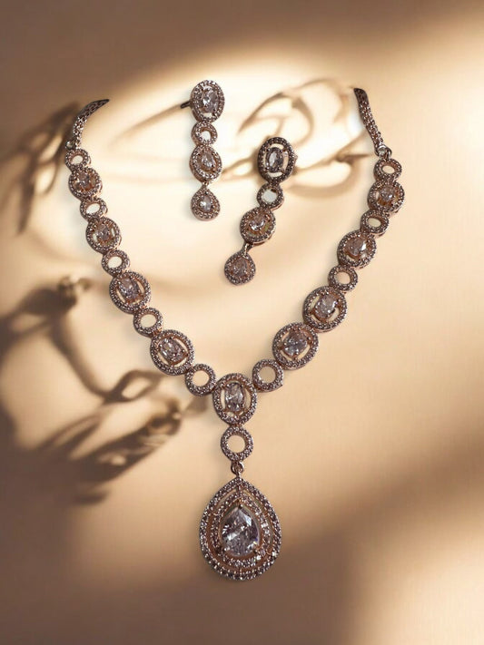 Silver Rhodium Rose Gold Plated Cubic Zircon Necklace Set