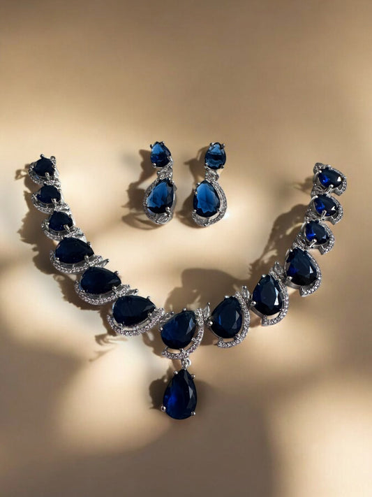 Blue Rhodium Plated Cubic Zircon Necklace Set