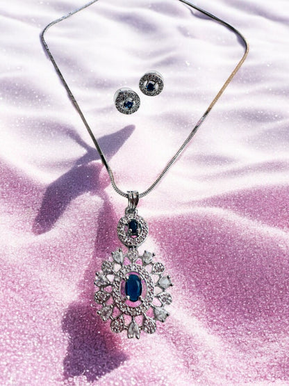 Rhodium Plated Oval Shape Pendant Set