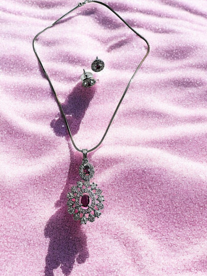 Rhodium Plated Oval Shape Pendant Set