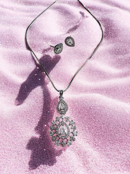 Rhodium Plated Oval Shape Pendant Set