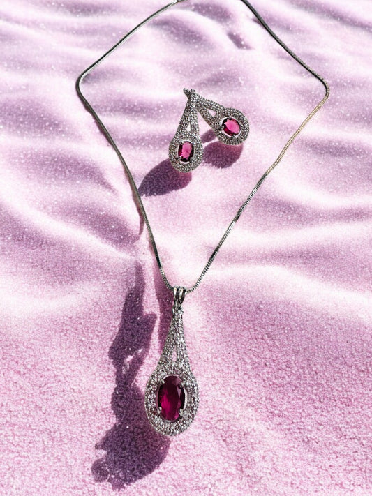 Rhodium Plated Tear Drop  Pendant Set