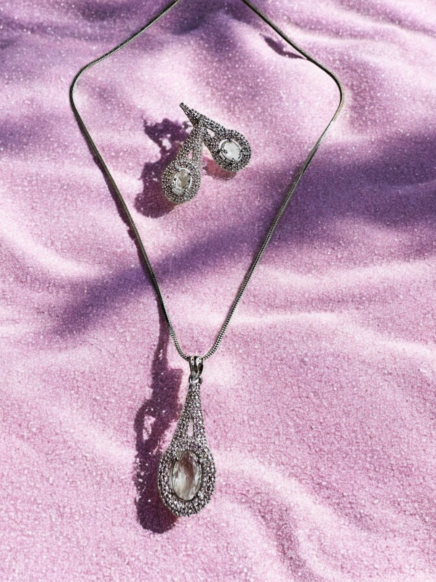 Rhodium Plated Tear Drop  Pendant Set