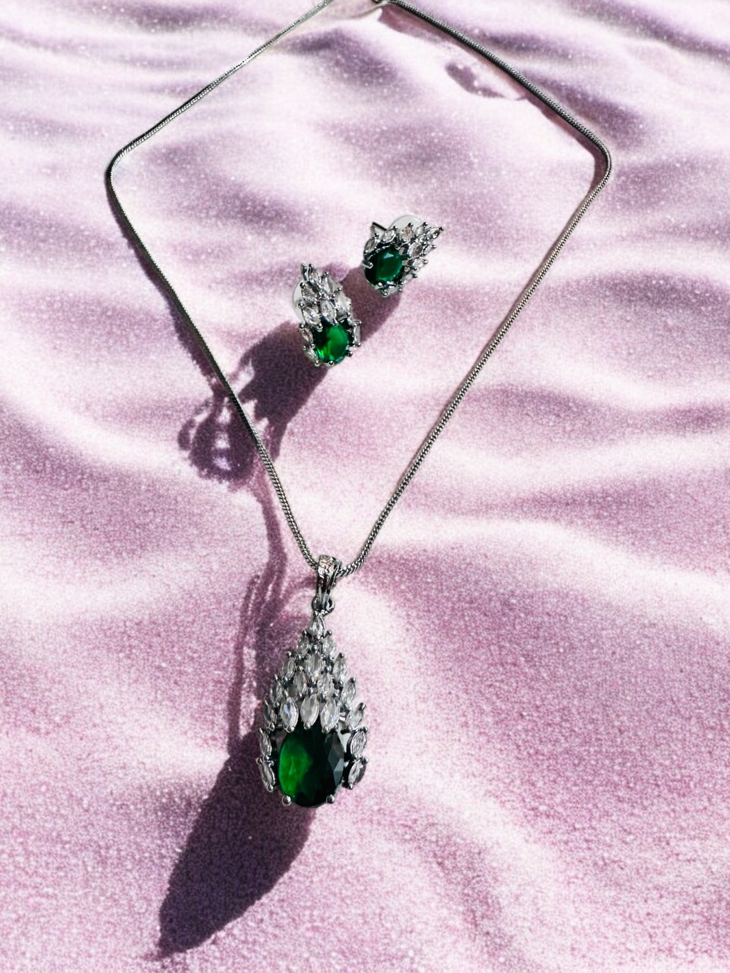 Rhodium Plated Tear Drop  Pendant Set