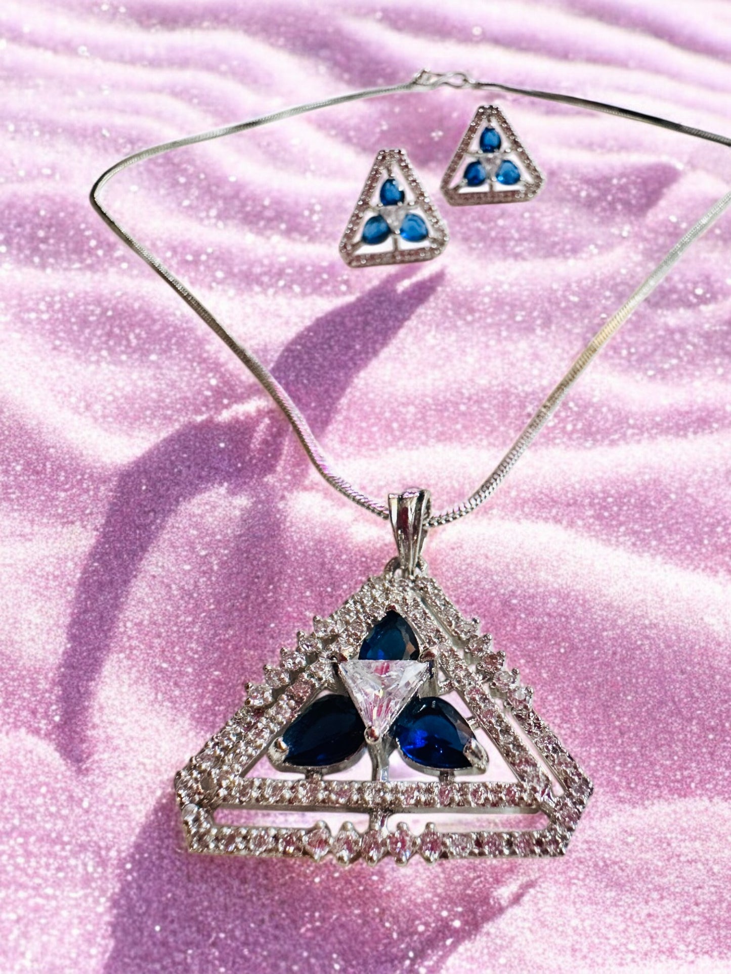 Rhodium Plated Triangle Shape Pendant Set