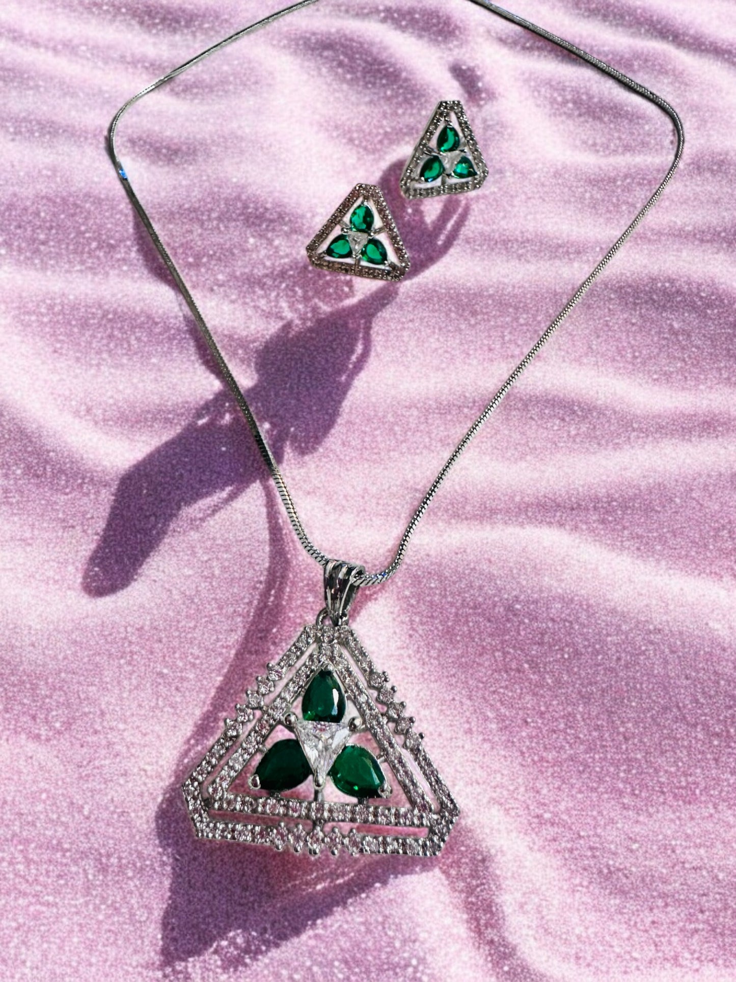 Rhodium Plated Triangle Shape Pendant Set