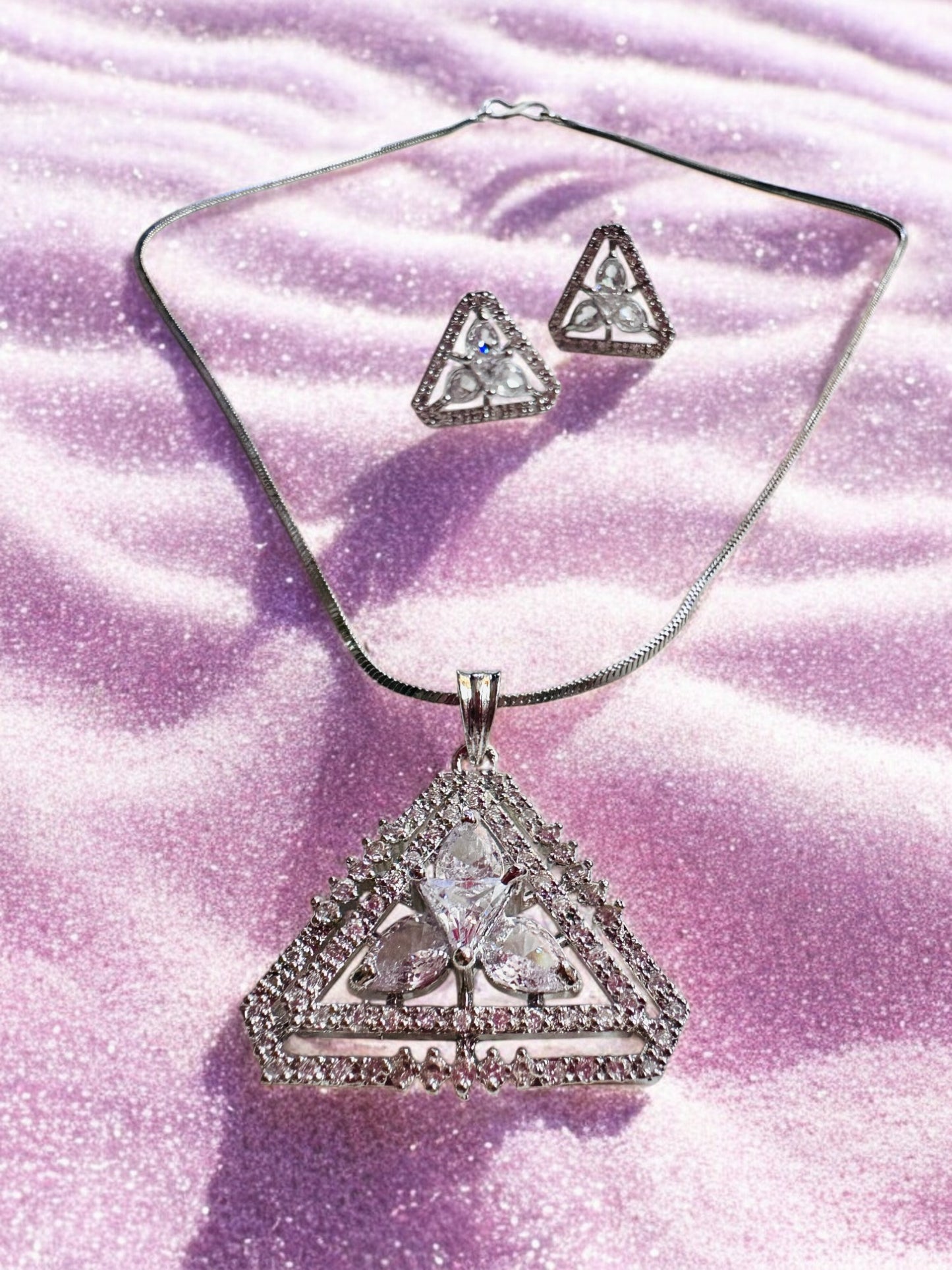 Rhodium Plated Triangle Shape Pendant Set