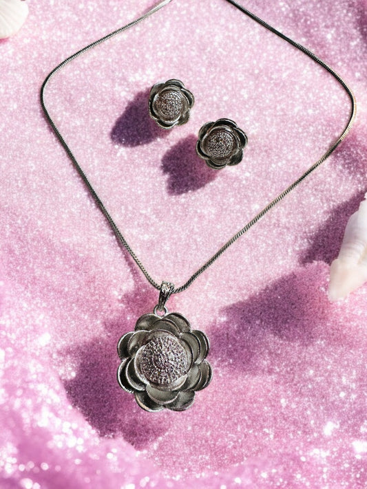 Rhodium Plated Flower Design Pendant Set