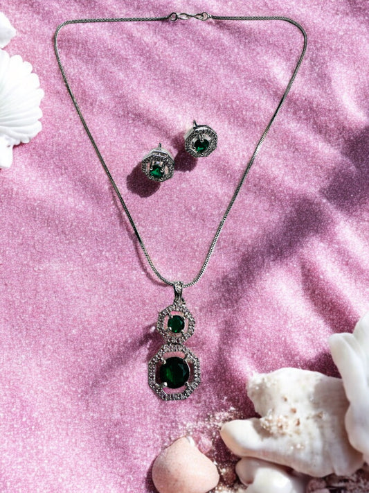 Rhodium Plated Octagonal Cut Pendant Set