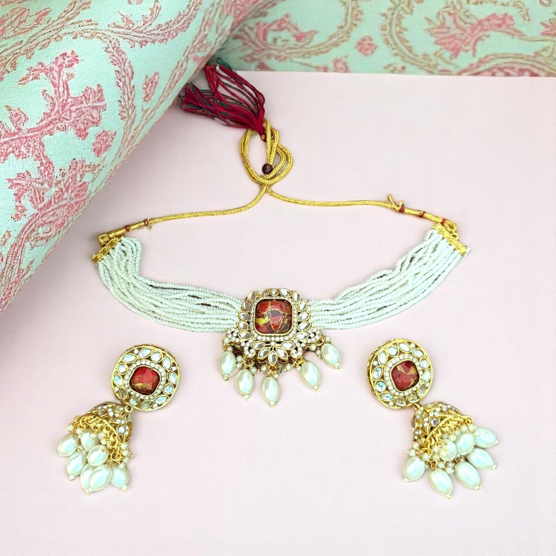 Red Fire Stone Studded Multi Strand Pearl Kundan Choker Necklace Set with Matching Jhumkas
