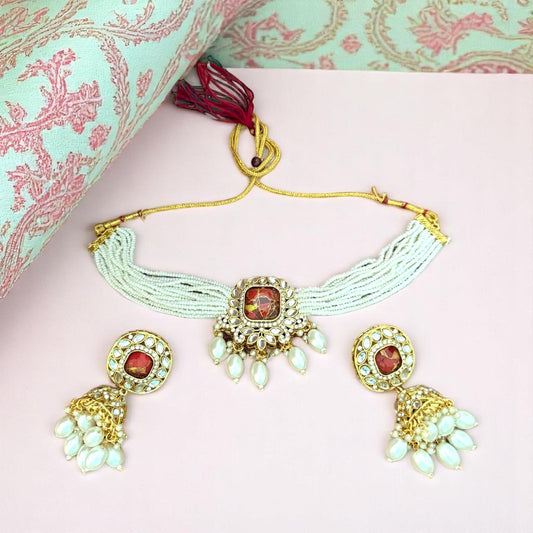 Red Fire Stone Studded Multi Strand Pearl Kundan Choker Necklace Set with Matching Jhumkas