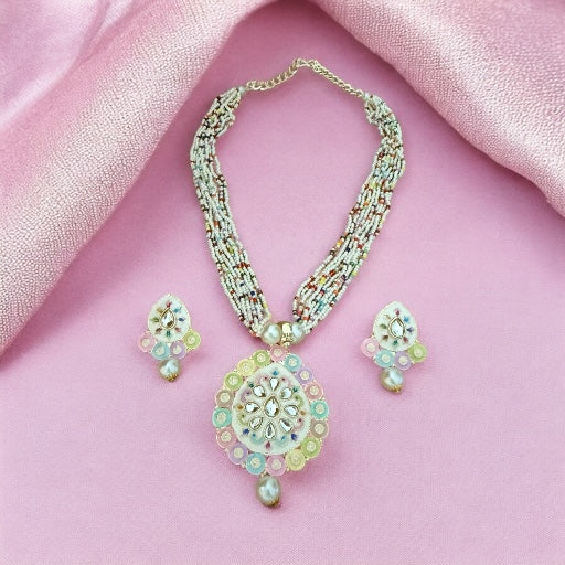 Multicolor Beaded Necklace Set Handpainted Kundan Pendant and Pearl Drop Earrings