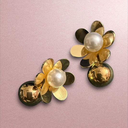 Elegant Gold & Pearl Floral Earrings