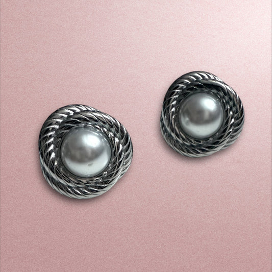 Vintage Silver Rope & Pearl Stud Earrings
