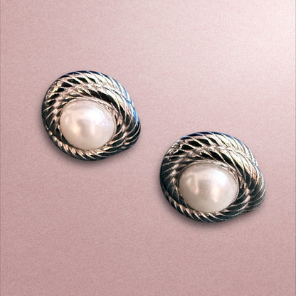 Vintage Silver Rope & Pearl Stud Earrings