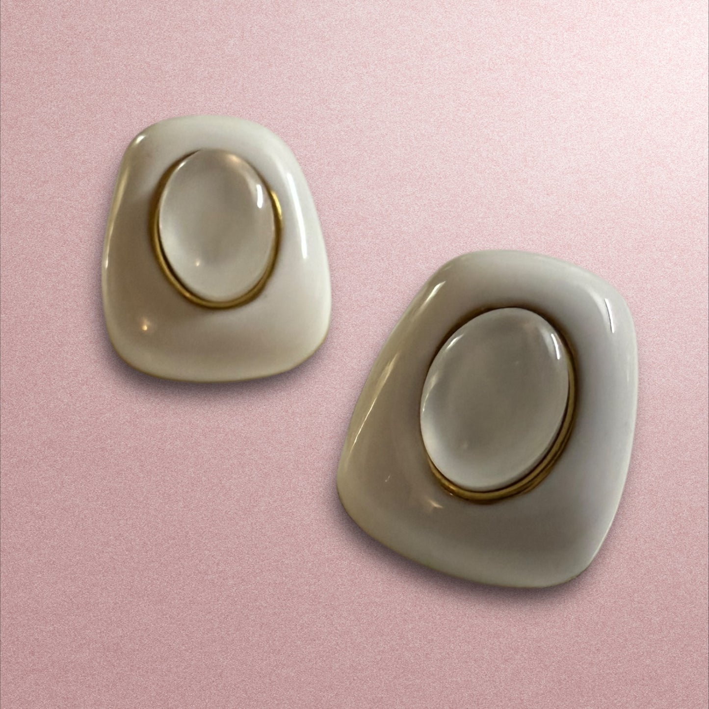 Modern White & Gold Enamel Stud Earrings