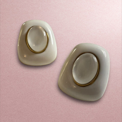 Modern White & Gold Enamel Stud Earrings