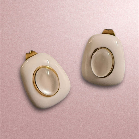 Modern White & Gold Enamel Stud Earrings