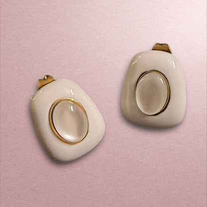 Modern White & Gold Enamel Stud Earrings