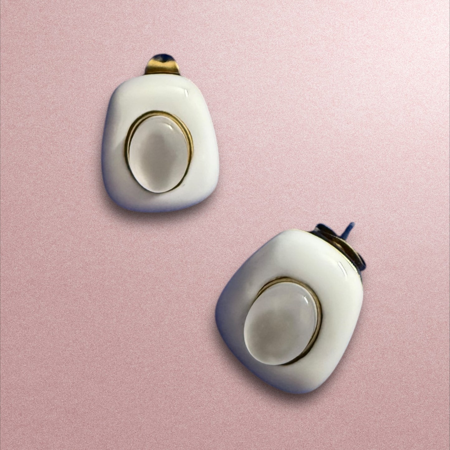 Modern White & Gold Enamel Stud Earrings