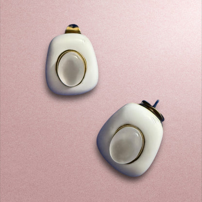 Modern White & Gold Enamel Stud Earrings