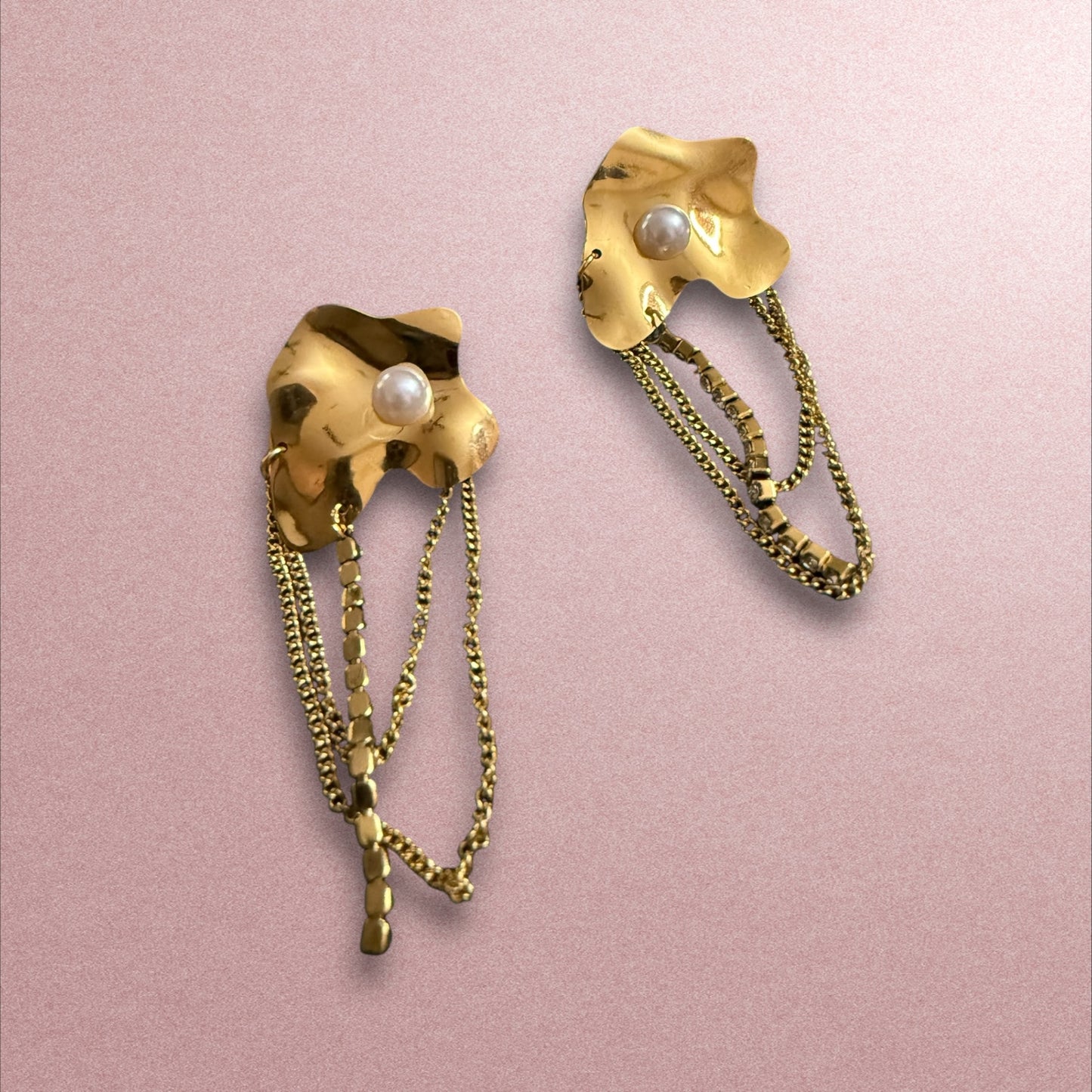 Sculptural Elegance: Gold & Pearl Draped Earrings