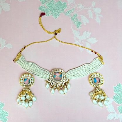 Pastel Pink Fire Stone Studded Multi Strand Pearl Kundan Choker Necklace Set with Matching Jhumkas
