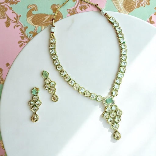 Exquisite Handcrafted Kundan Necklace Set with Mint Green Accents