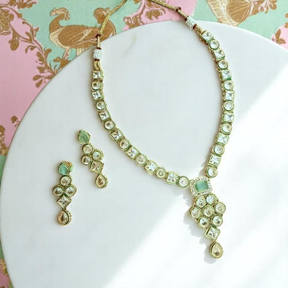 Exquisite Handcrafted Kundan Necklace Set with Mint Green Accents