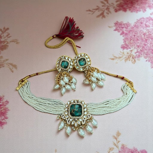 Emerald Fire Stone Studded Multi Strand Pearl Kundan Choker Necklace Set with Matching Jhumkas