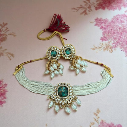 Emerald Fire Stone Studded Multi Strand Pearl Kundan Choker Necklace Set with Matching Jhumkas