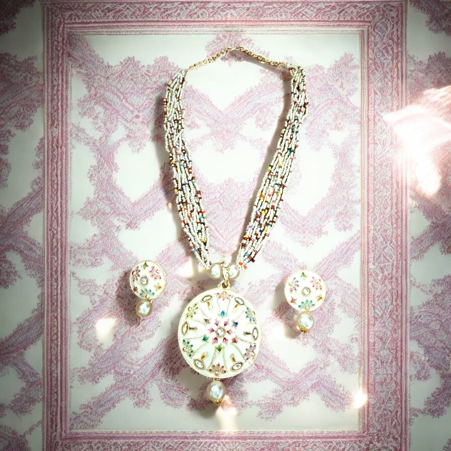 White Enameled Multicolor Beaded Necklace with Mandala Pendant and Pearl Drop Earrings