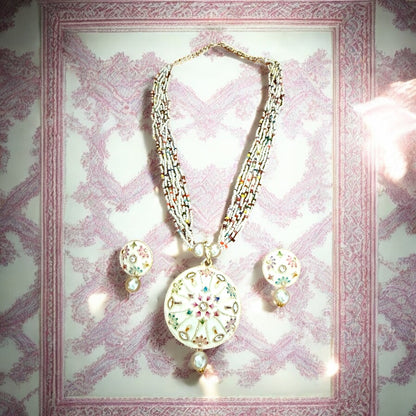 White Enameled Multicolor Beaded Necklace with Mandala Pendant and Pearl Drop Earrings