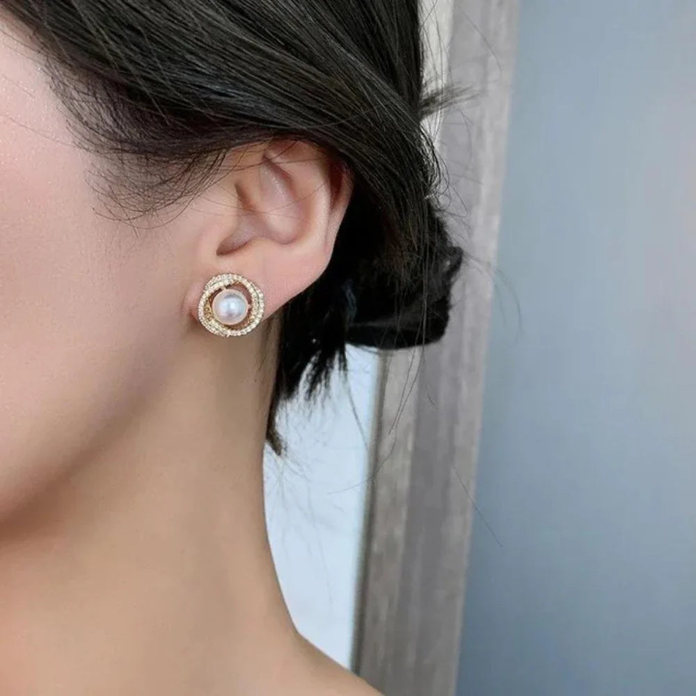 Elegant Pearl & Zircon Halo Stud Earrings