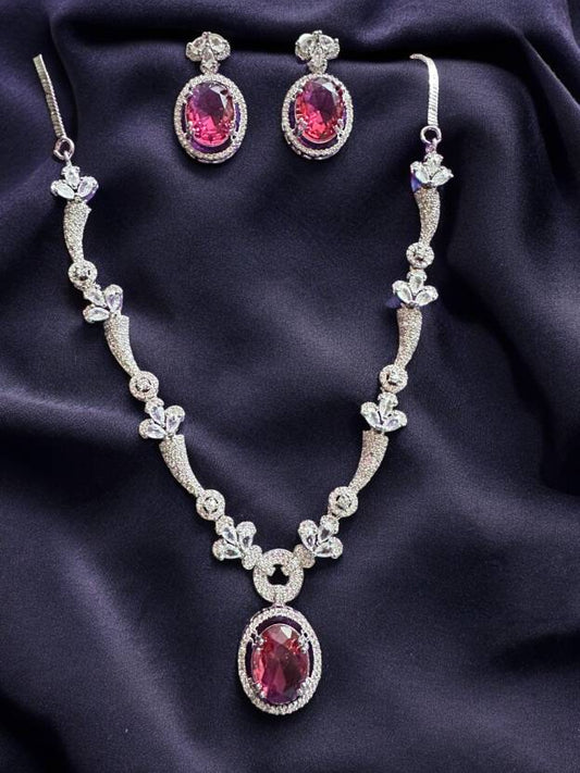 Red Crystal Stone Studded Necklace with Earring