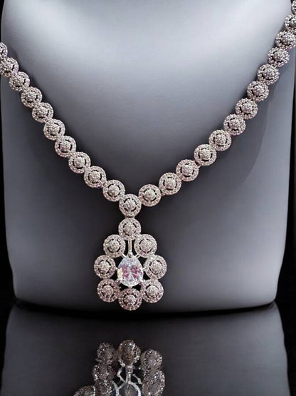 Premium Silver Stone Studded Large Pendant Set