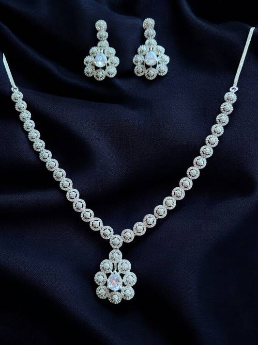 Premium Silver Stone Studded Large Pendant Set