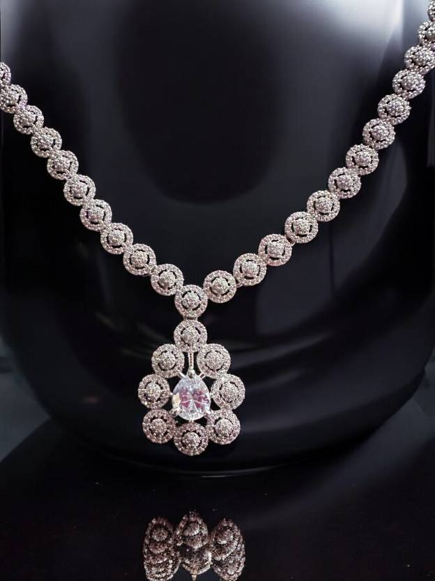 Premium Silver Stone Studded Large Pendant Set