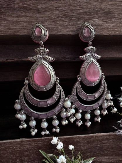 German Silver Pink Long Chandballis with Pearl Beads Alloy Chandbali Earring