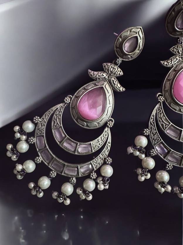German Silver Pink Long Chandballis with Pearl Beads Alloy Chandbali Earring