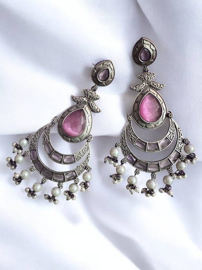German Silver Pink Long Chandballis with Pearl Beads Alloy Chandbali Earring