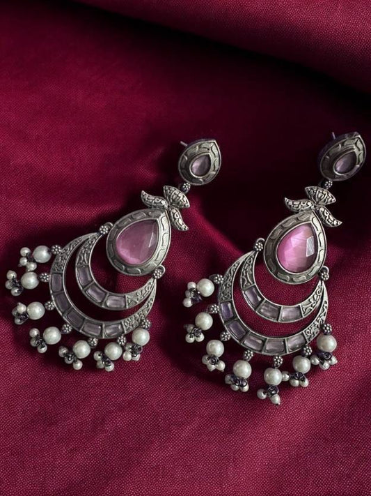 German Silver Pink Long Chandballis with Pearl Beads Alloy Chandbali Earring